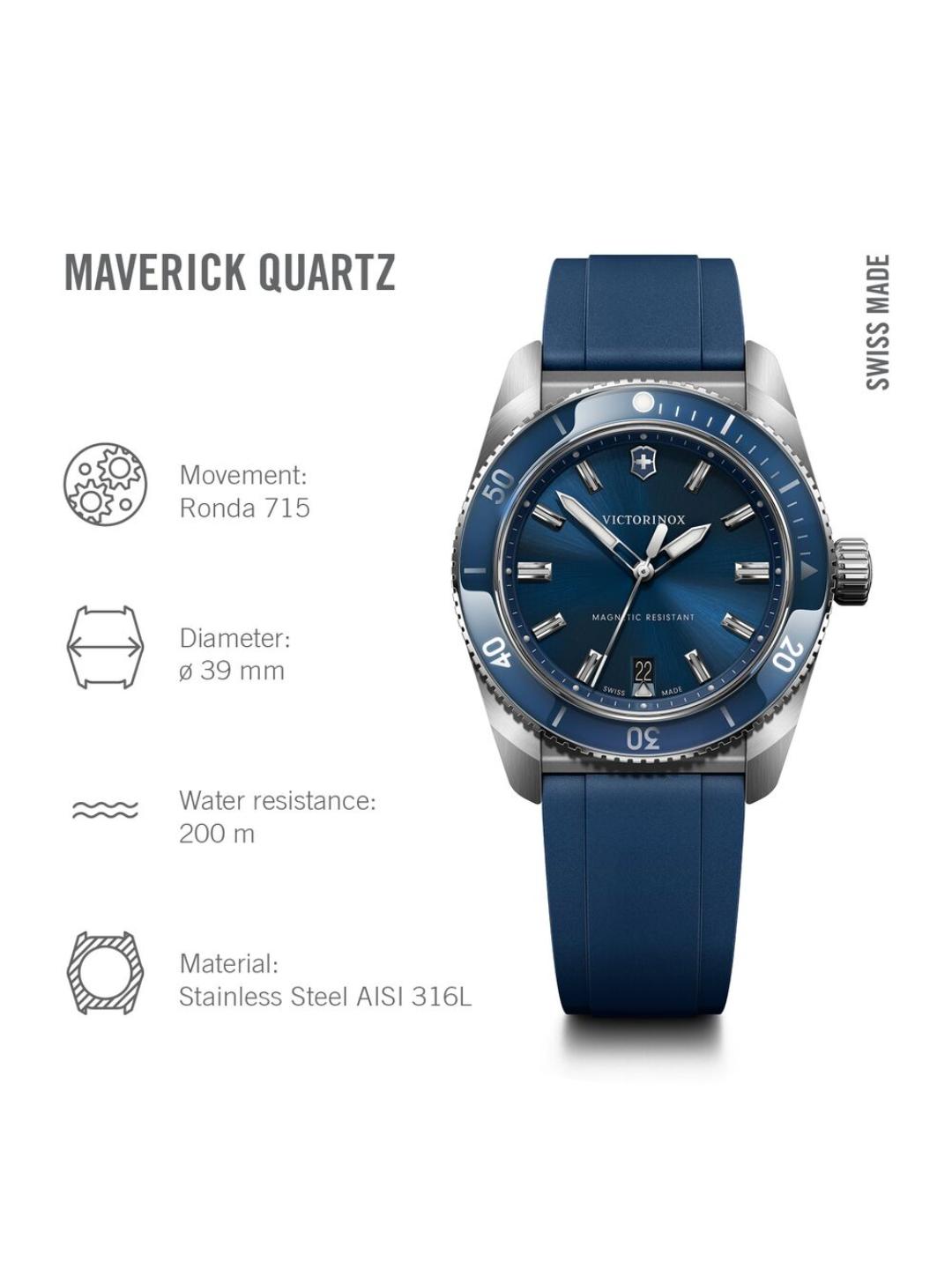 Victorinox Maverick Quartz watch with a blue dial and blue silicone strap, shown on a white background with technical specifications on the left.
