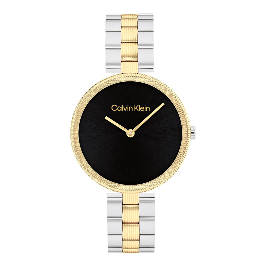 Calvin Klein watch with black face, gold bezel, and two-tone metal band on white background