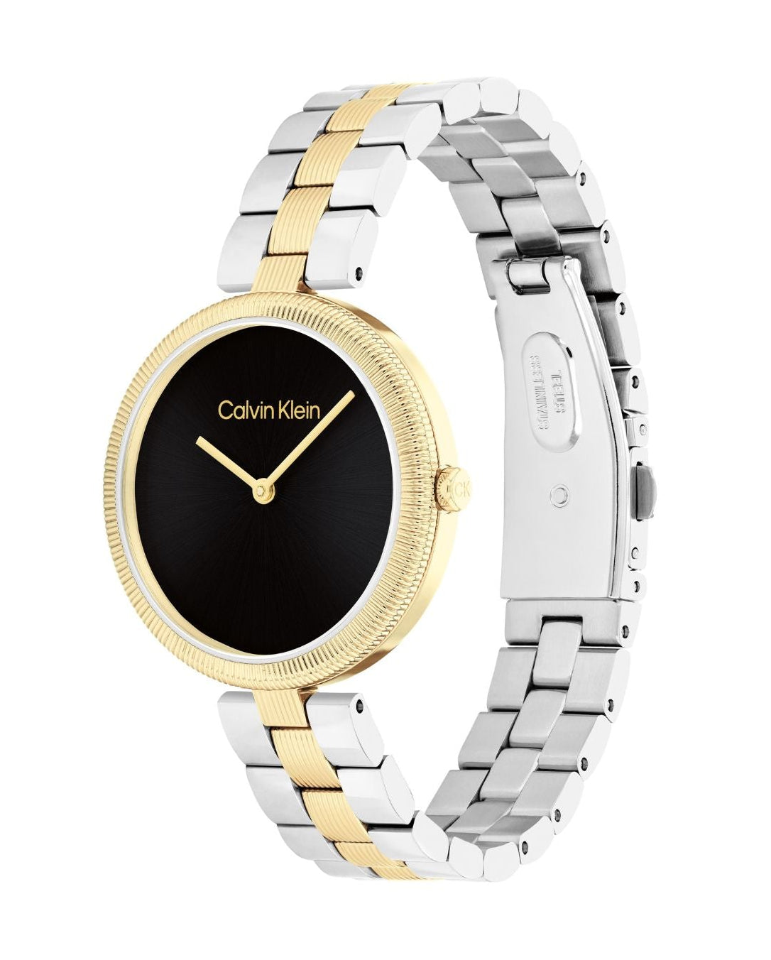 Calvin Klein watch with two-tone silver and gold bracelet on a white background