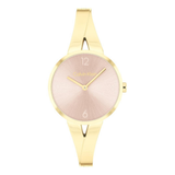 A Calvin Klein women's watch featuring a gold-tone metal bracelet and case with a textured pale pink dial.