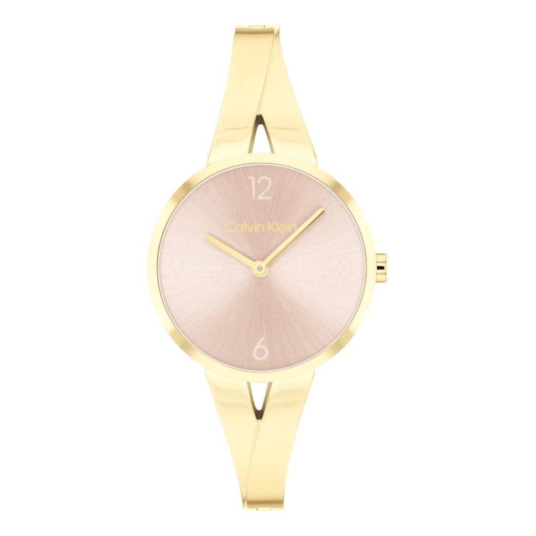 A Calvin Klein women's watch featuring a gold-tone metal bracelet and case with a textured pale pink dial.