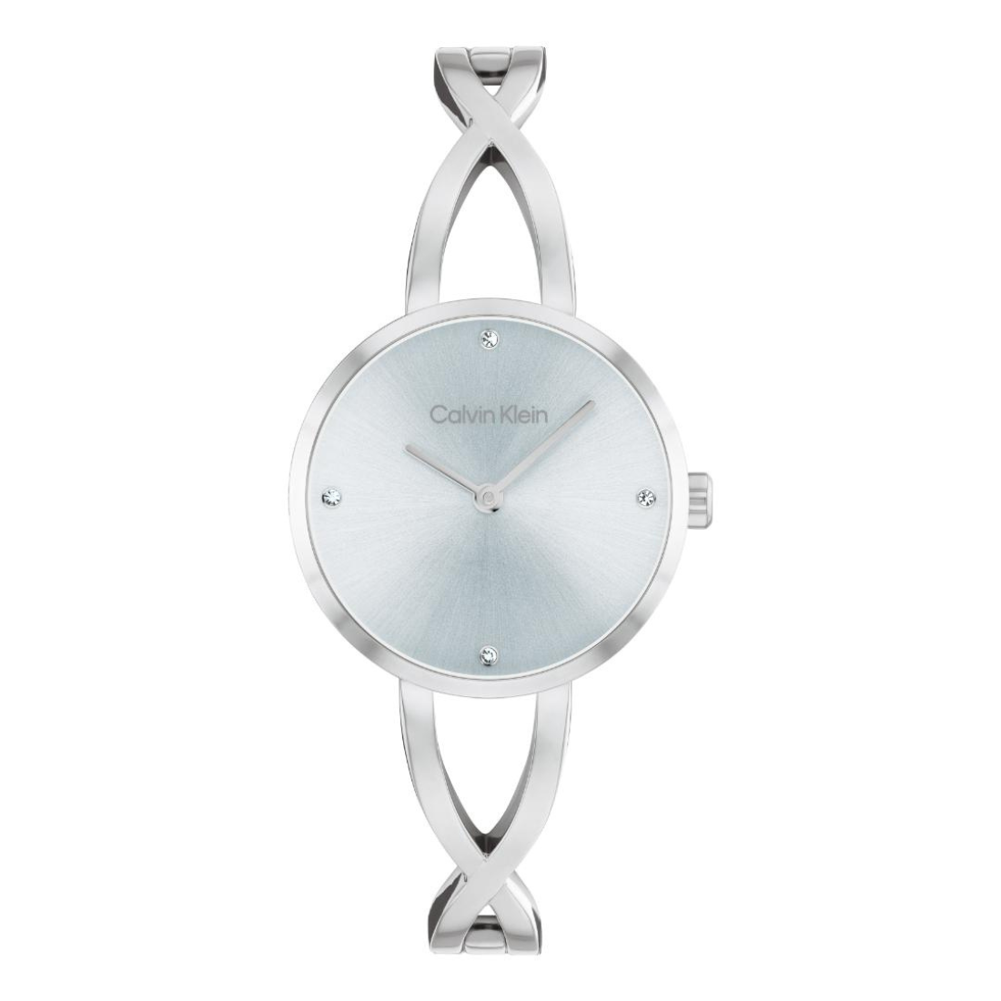 A Calvin Klein women's watch featuring a silver-tone stainless steel case and a matching open-link bracelet with an X-shaped design. The round dial is a light silver-gray color with simple silver-tone hands and crystal hour markers.