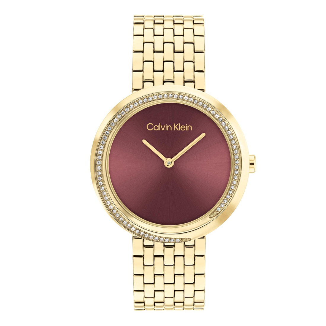 Calvin Klein women's watch featuring a gold-tone metal link bracelet, a bezel encrusted with small clear crystals, and a metallic rose gold dial with gold-tone hands.