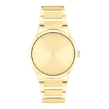 A Calvin Klein gold-tone stainless steel watch with a matching gold dial and integrated link bracelet, shown against a plain white background.
