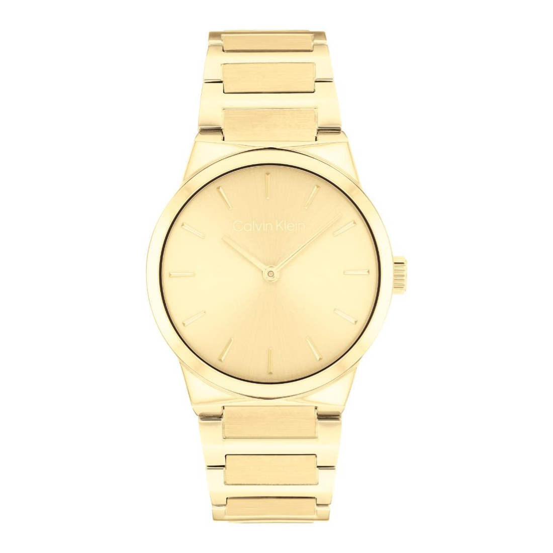 A Calvin Klein gold-tone stainless steel watch with a matching gold dial and integrated link bracelet, shown against a plain white background.