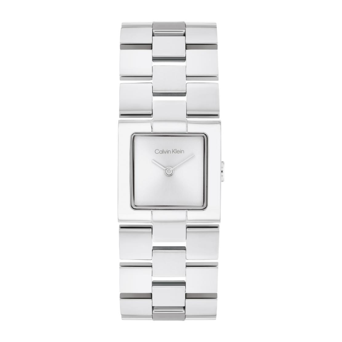 A Calvin Klein women's stainless steel watch with a square silver dial and a matching silver link bracelet, shown against a plain white background.