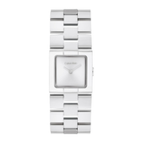 A Calvin Klein women's stainless steel watch with a square silver dial and a matching silver link bracelet, shown against a plain white background.