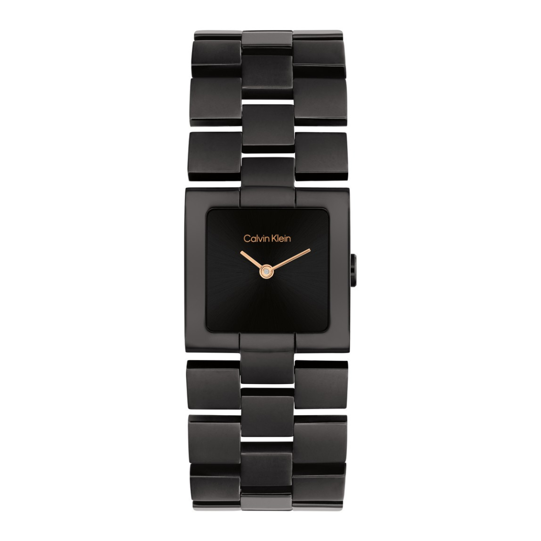 Black Calvin Klein watch with a square face on a white background