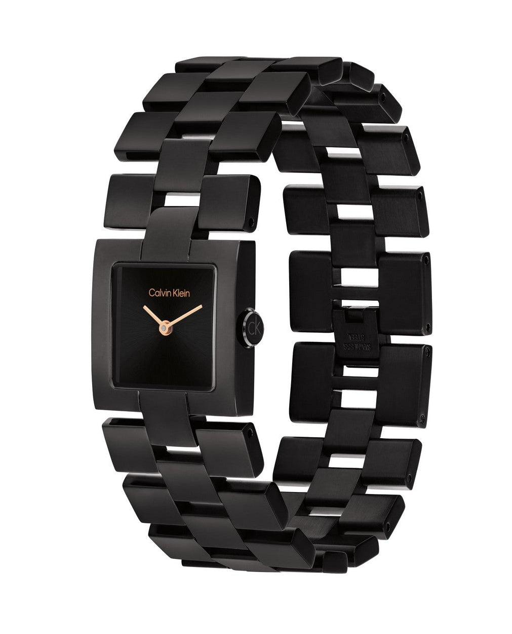 Black square watch with chain-like strap on a white background