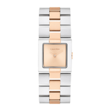 A Calvin Klein women's two-tone watch with a rectangular silver-tone case, a rose gold dial, and a two-tone link bracelet featuring alternating silver and rose gold links, set against a plain white background.