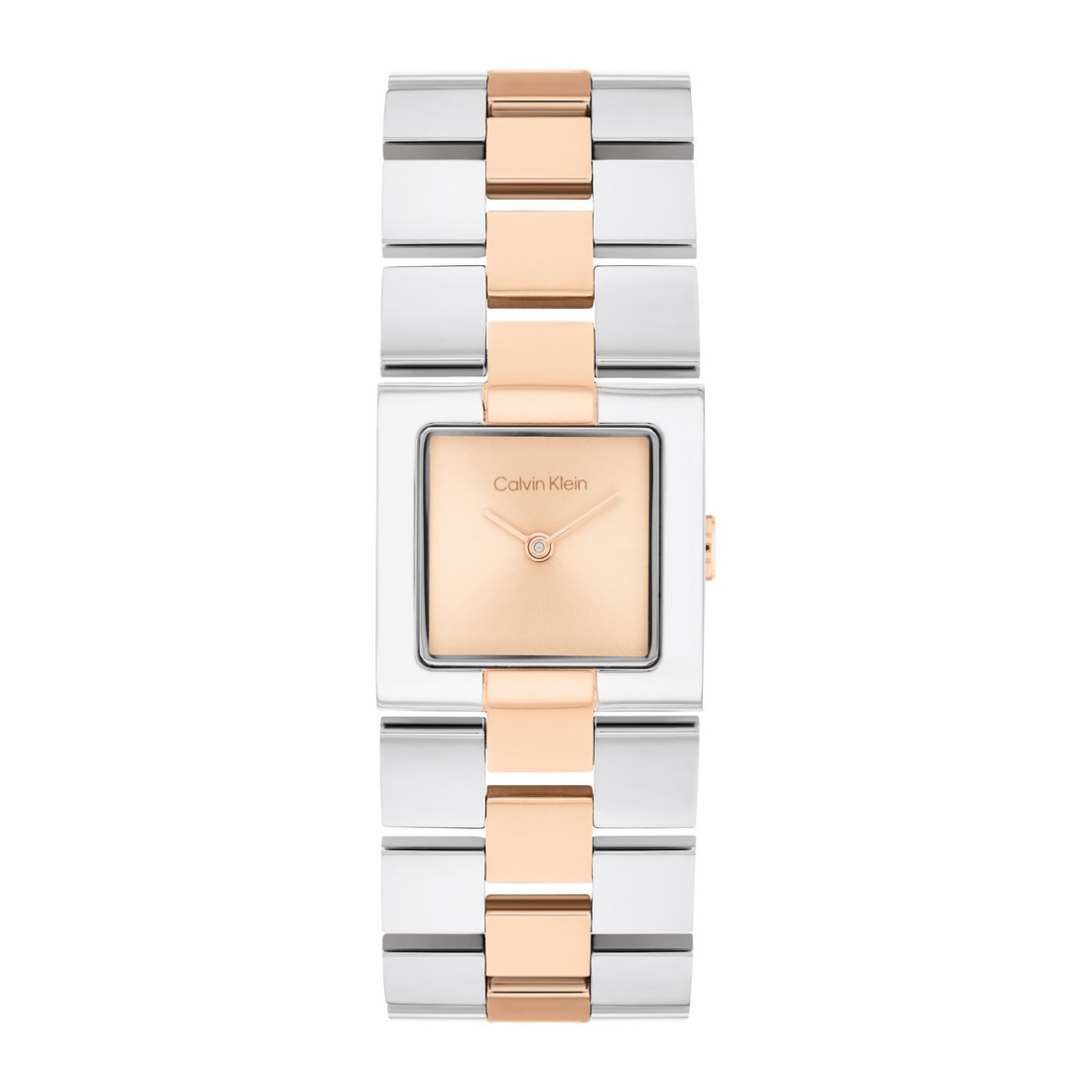 A Calvin Klein women's two-tone watch with a rectangular silver-tone case, a rose gold dial, and a two-tone link bracelet featuring alternating silver and rose gold links, set against a plain white background.