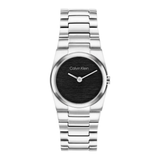 Calvin Klein minimalist wristwatch with a silver stainless steel link bracelet, silver case, and a black textured dial.