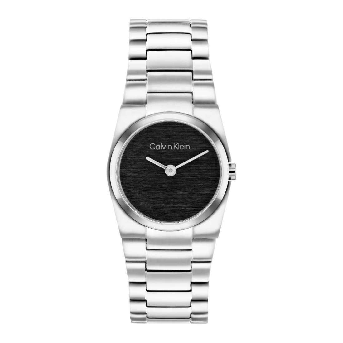 Calvin Klein minimalist wristwatch with a silver stainless steel link bracelet, silver case, and a black textured dial.