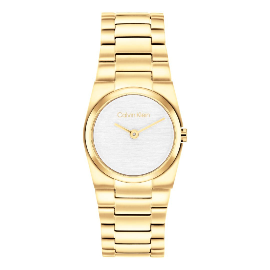 A Calvin Klein gold-tone stainless steel watch with a white dial and matching gold-tone link bracelet, shown against a plain white background.