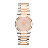 A Calvin Klein two-tone watch with a silver and rose gold metal link bracelet, a brushed rose gold dial, and a matching round bezel, shown against a plain white background.