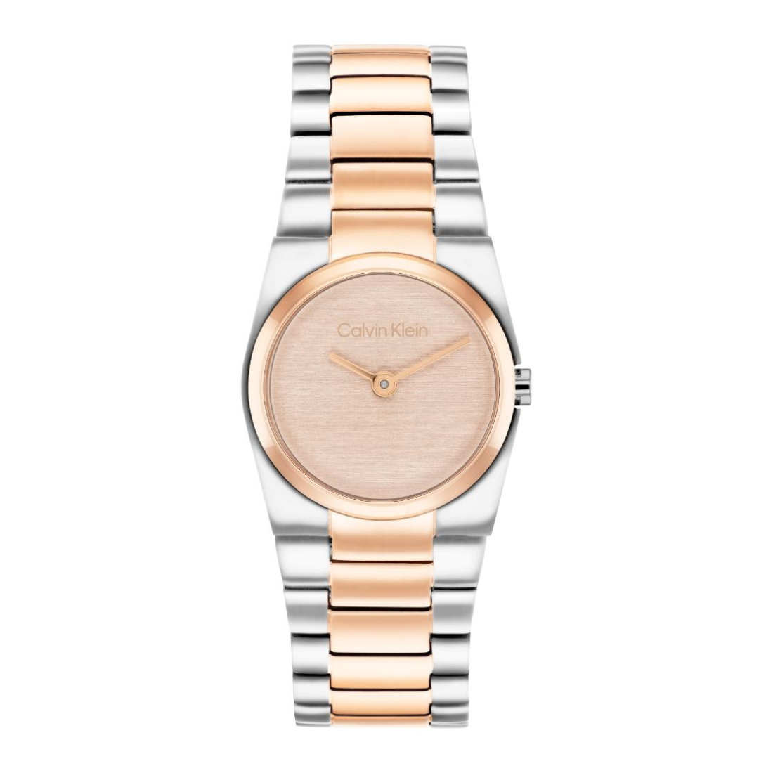 A Calvin Klein two-tone watch with a silver and rose gold metal link bracelet, a brushed rose gold dial, and a matching round bezel, shown against a plain white background.