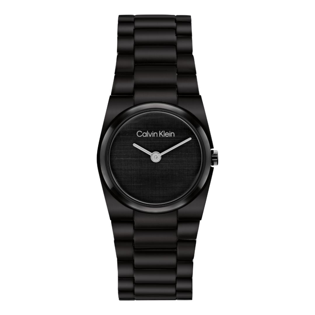Calvin Klein black watch with a black metal link bracelet, black textured dial, and silver-tone hands on a white background.