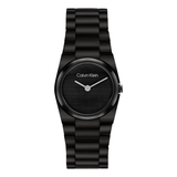Calvin Klein black watch with a black metal link bracelet, black textured dial, and silver-tone hands on a white background.