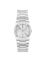 A Calvin Klein stainless steel analog watch with a silver-tone metal link bracelet and a minimalist silver dial, shown against a plain white background.
