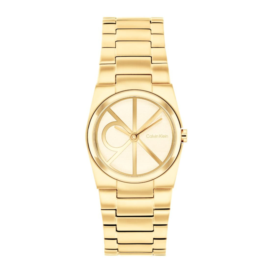 A Calvin Klein gold-tone stainless steel watch with a matching gold dial and integrated link bracelet, shown against a plain white background.