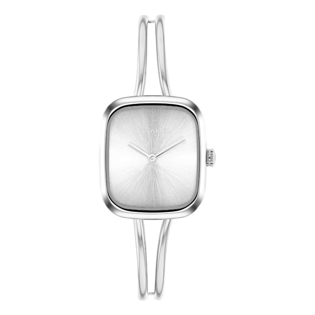 A minimalist silver-tone watch with a square bezel, a textured sunburst dial, and a unique double-band design, shown against a plain white background.