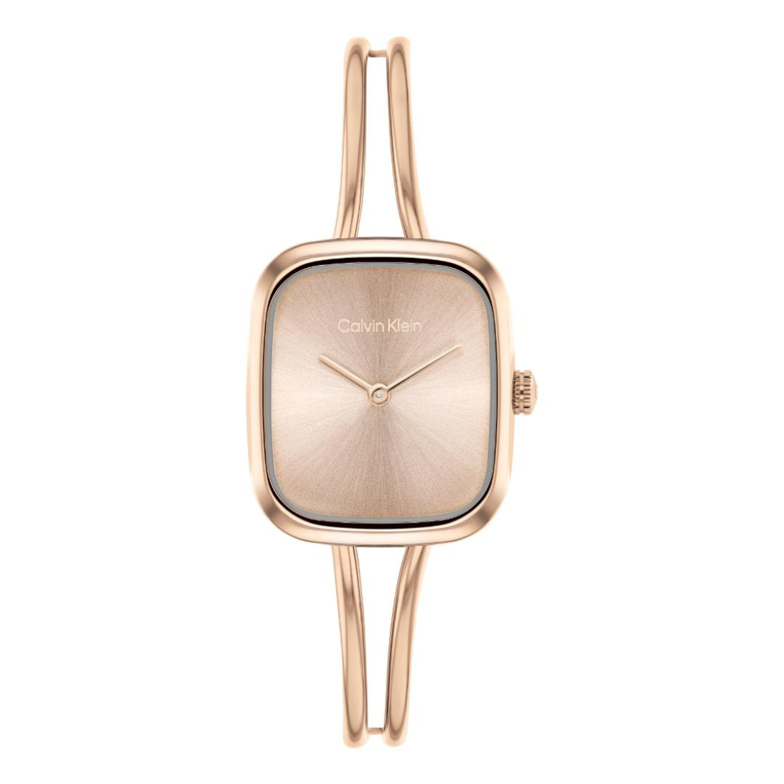 A Calvin Klein women's watch with a square rose gold case and a matching double-strand wrap bracelet, shown against a plain white background.