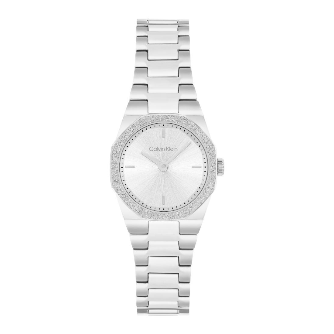 A Calvin Klein women's watch featuring a silver stainless steel link bracelet, a silver dial with a textured sunburst pattern, a bezel set with small clear crystals, and a crown on the right side, shown against a plain white background.