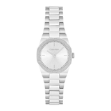 A Calvin Klein women's watch featuring a silver stainless steel link bracelet, a silver dial with a textured sunburst pattern, a bezel set with small clear crystals, and a crown on the right side, shown against a plain white background.