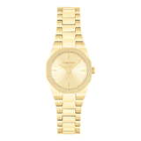 A Calvin Klein gold-tone stainless steel watch with a textured gold dial, a bezel set with small clear crystals, and a matching gold link bracelet, shown against a plain white background.