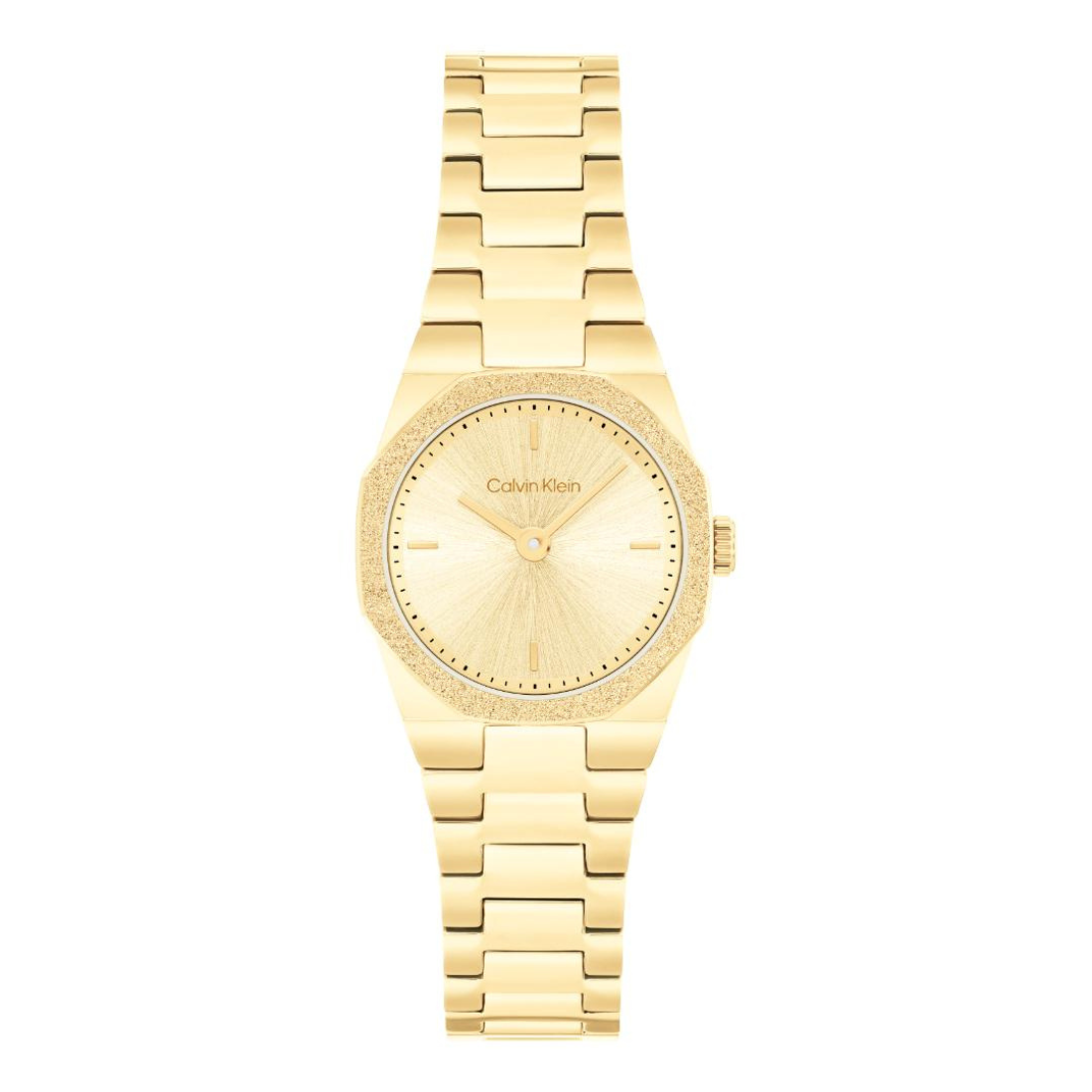 A Calvin Klein gold-tone stainless steel watch with a textured gold dial, a bezel set with small clear crystals, and a matching gold link bracelet, shown against a plain white background.