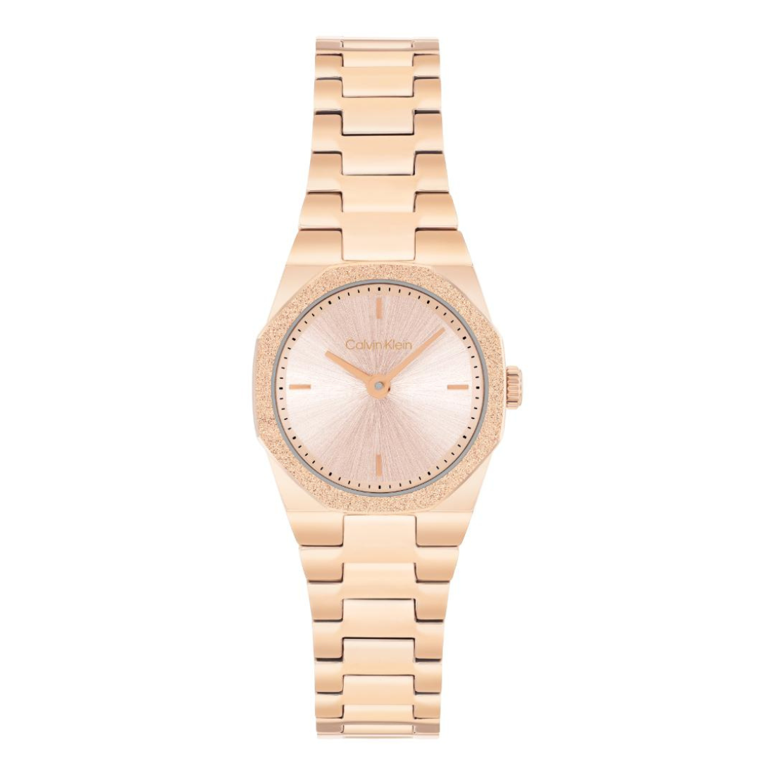A Calvin Klein women's watch featuring a rose gold metal link bracelet, a textured sunburst dial, and a crystal-embellished bezel, shown against a plain white background.