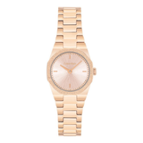 A Calvin Klein women's watch featuring a rose gold metal link bracelet, a textured sunburst dial, and a crystal-embellished bezel, shown against a plain white background.