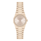 A Calvin Klein women's watch featuring a rose gold metal link bracelet, a textured sunburst dial, and a crystal-embellished bezel, shown against a plain white background.