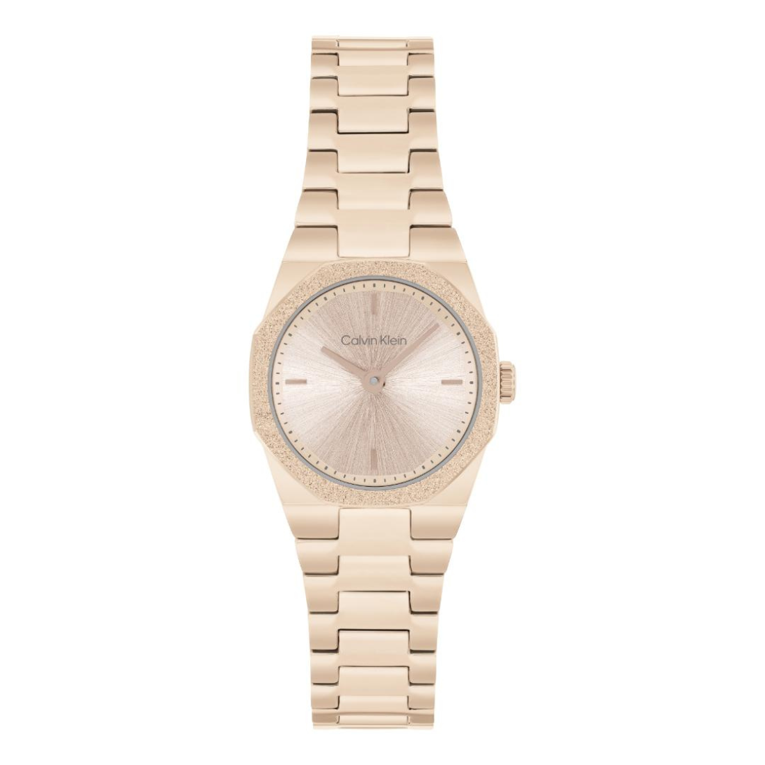 A Calvin Klein women's watch featuring a rose gold metal link bracelet, a textured sunburst dial, and a crystal-embellished bezel, shown against a plain white background.