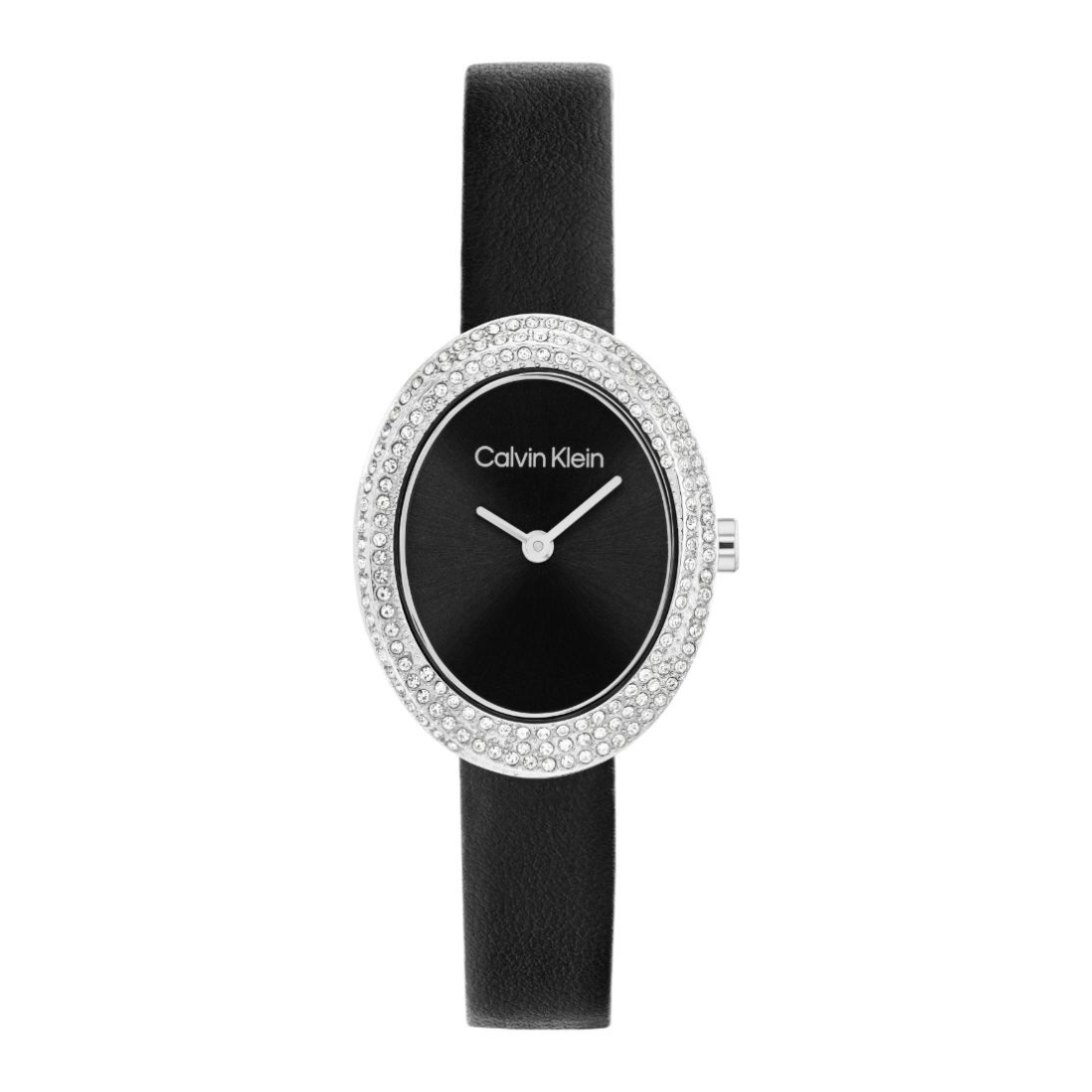 Calvin Klein women's oval watch with a black dial, silver-tone hands, a bezel encrusted with clear crystals, and a black leather strap, shown on a plain white background.