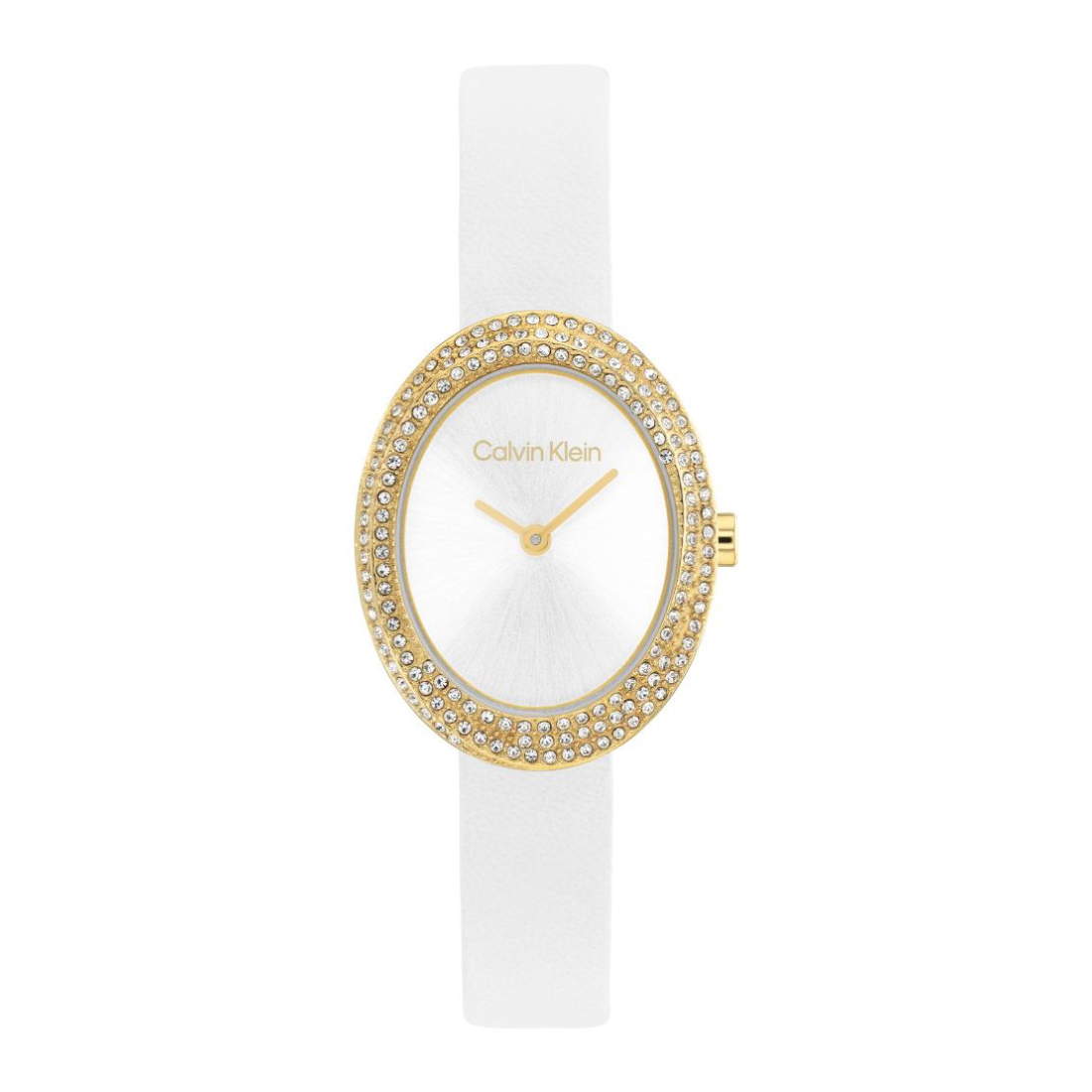 A Calvin Klein women's watch featuring an oval white dial, a gold-tone bezel encrusted with clear rhinestones, and a white strap, shown against a plain white background.
