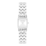 A Calvin Klein women's square analog watch with a silver-toned metal link bracelet and crystal embellishments on the bezel and lower dial, shown against a plain white background.