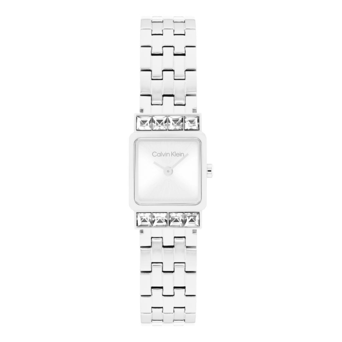 A Calvin Klein women's square analog watch with a silver-toned metal link bracelet and crystal embellishments on the bezel and lower dial, shown against a plain white background.