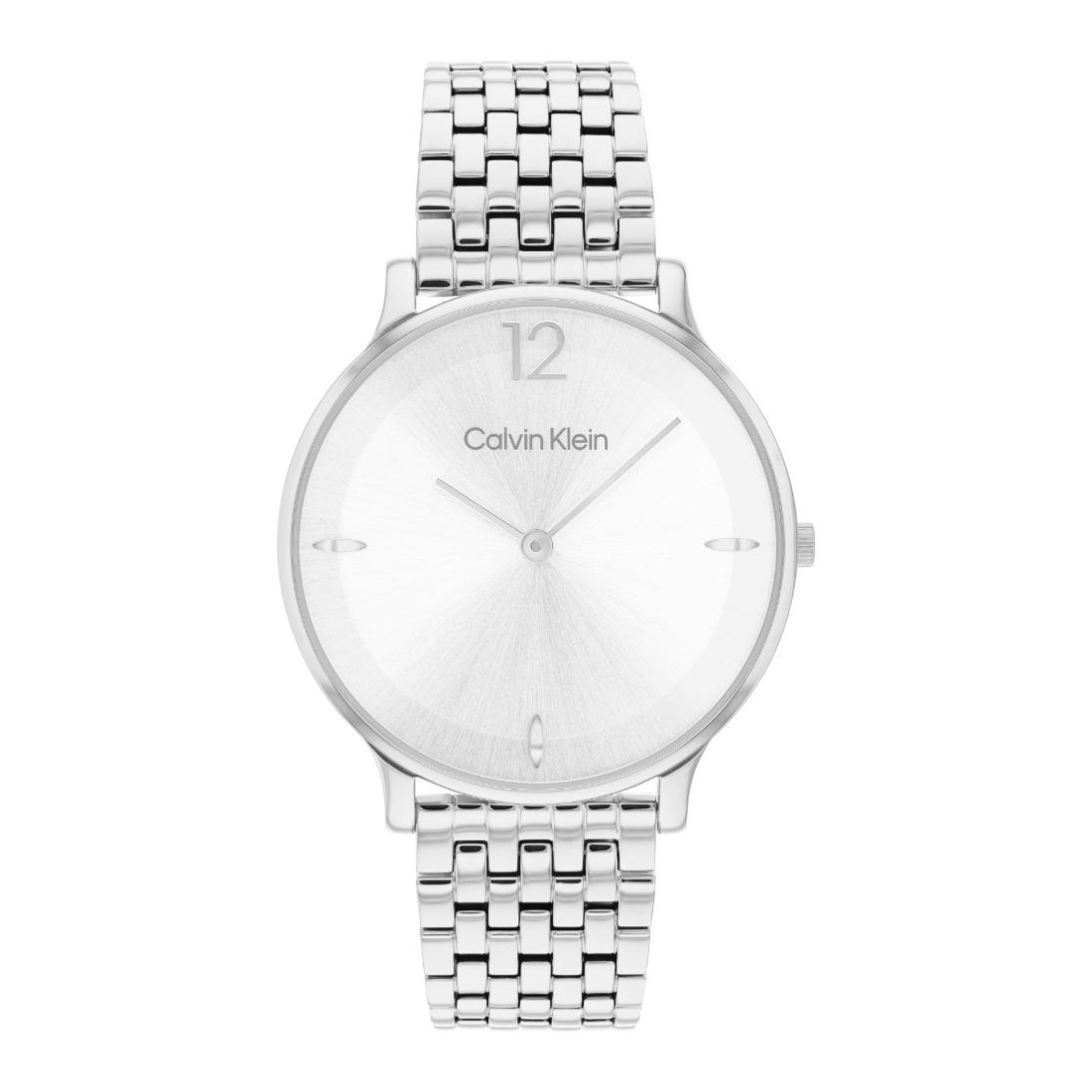 Calvin Klein silver-tone stainless steel watch with a matching link bracelet, featuring a minimalist white dial with a textured sunburst finish, slim hour markers, and a black 12 numeral.