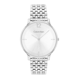 Calvin Klein silver-tone stainless steel watch with a matching link bracelet, featuring a minimalist white dial with a textured sunburst finish, slim hour markers, and a black 12 numeral.