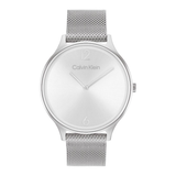A Calvin Klein analog watch with a silver-toned stainless steel case, minimalist white dial, and matching silver mesh strap, shown against a plain white background.