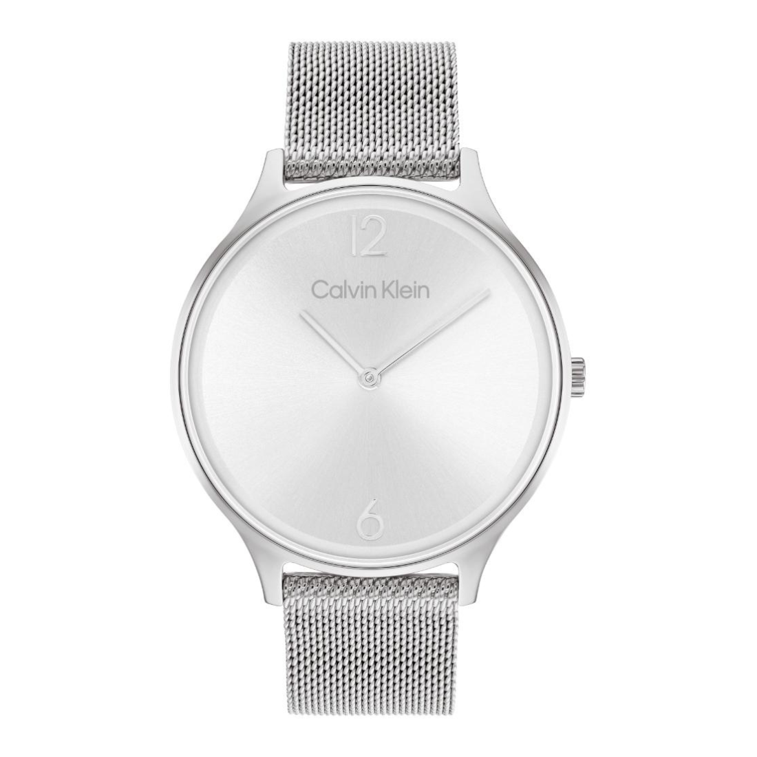 A Calvin Klein analog watch with a silver-toned stainless steel case, minimalist white dial, and matching silver mesh strap, shown against a plain white background.