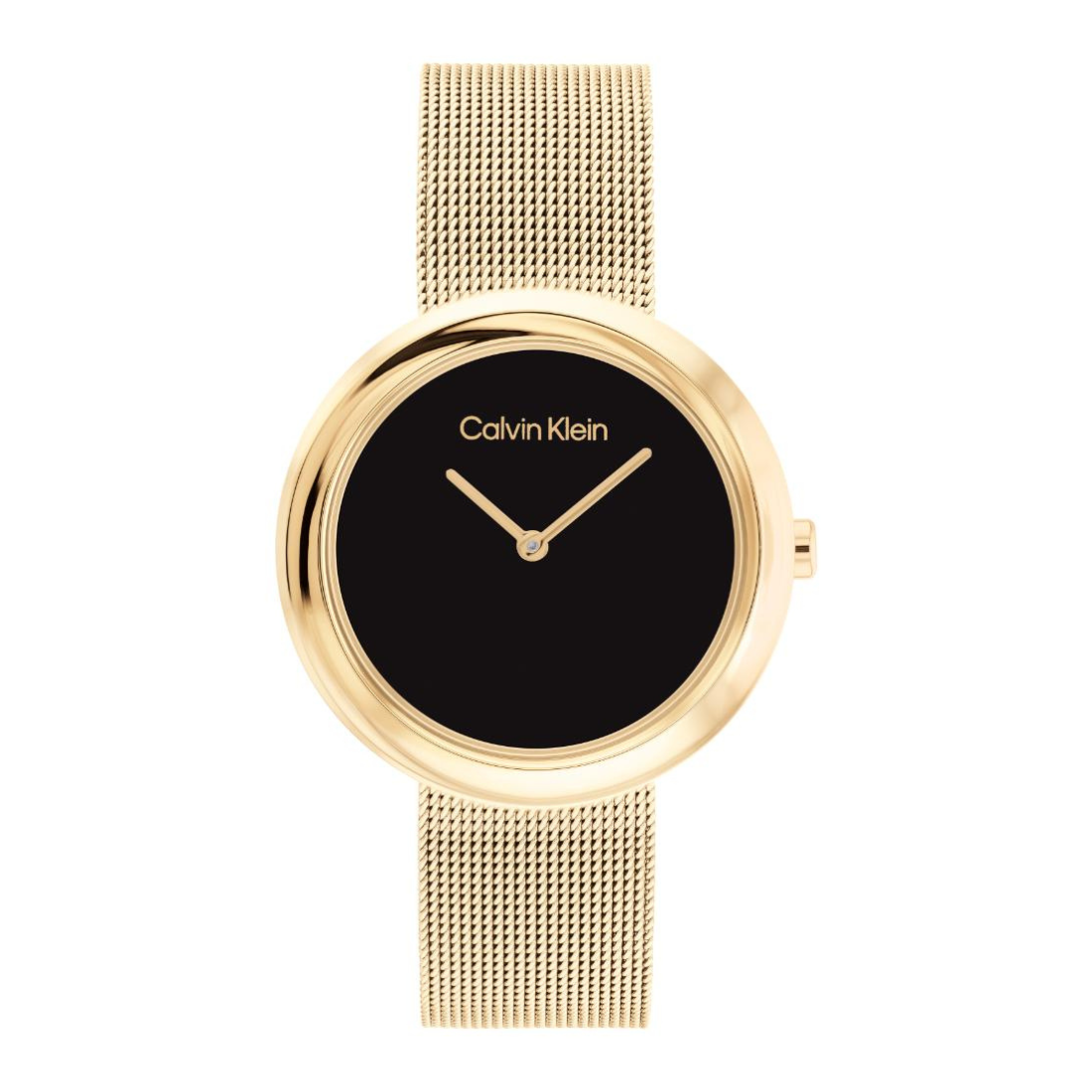 Calvin Klein women's watch featuring a round gold-tone case, a minimalist black dial with gold-tone hands, and a matching gold-tone mesh strap, shown against a plain white background.