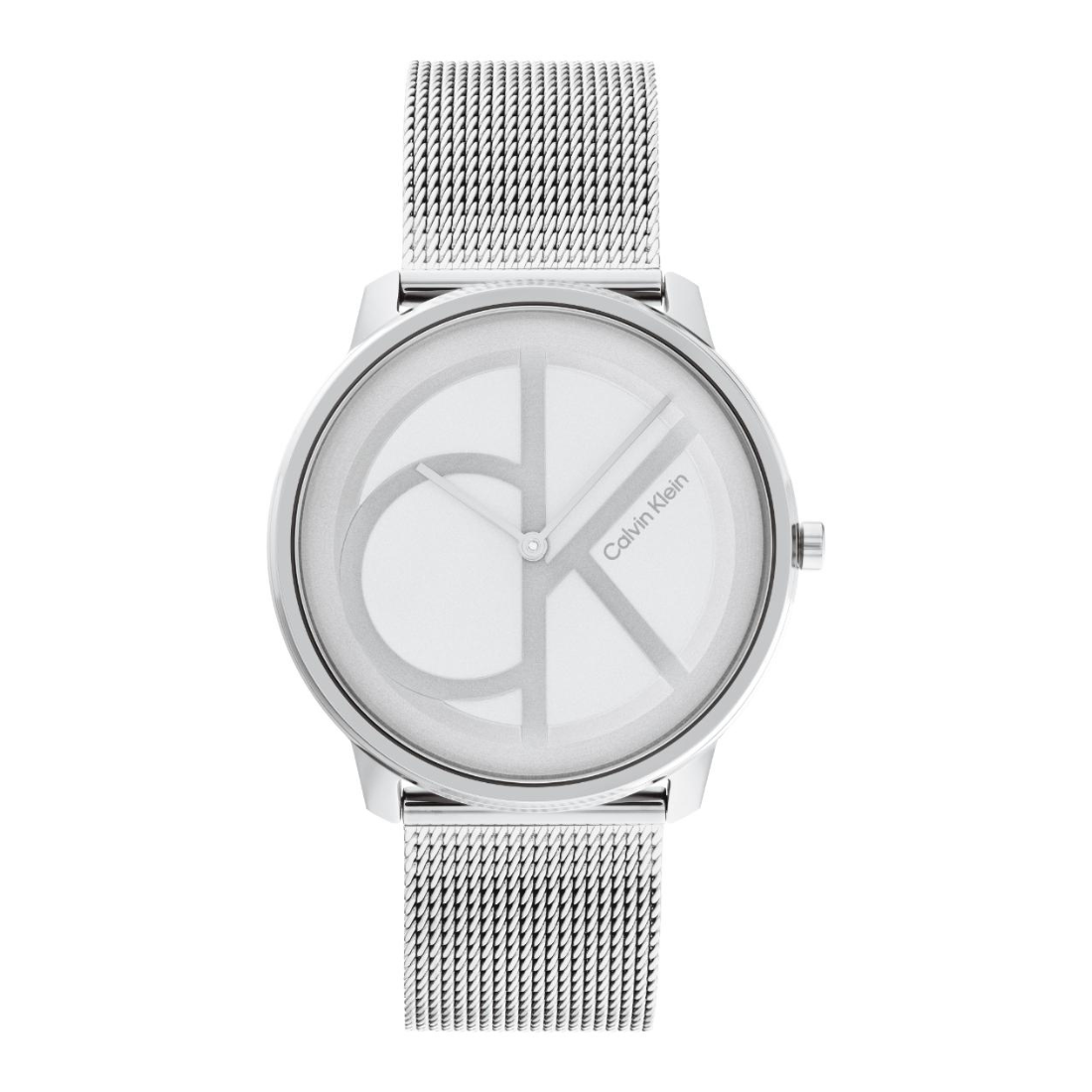 A Calvin Klein analog watch with a silver-tone stainless steel mesh strap, silver case, and a minimalist white dial featuring the brand's 'ck' logo.