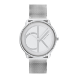 A Calvin Klein analog watch with a silver-tone stainless steel mesh strap, silver case, and a minimalist white dial featuring the brand's 'ck' logo.