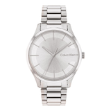 Calvin Klein stainless steel watch with a silver dial and matching metal link bracelet, shown against a plain white background.
