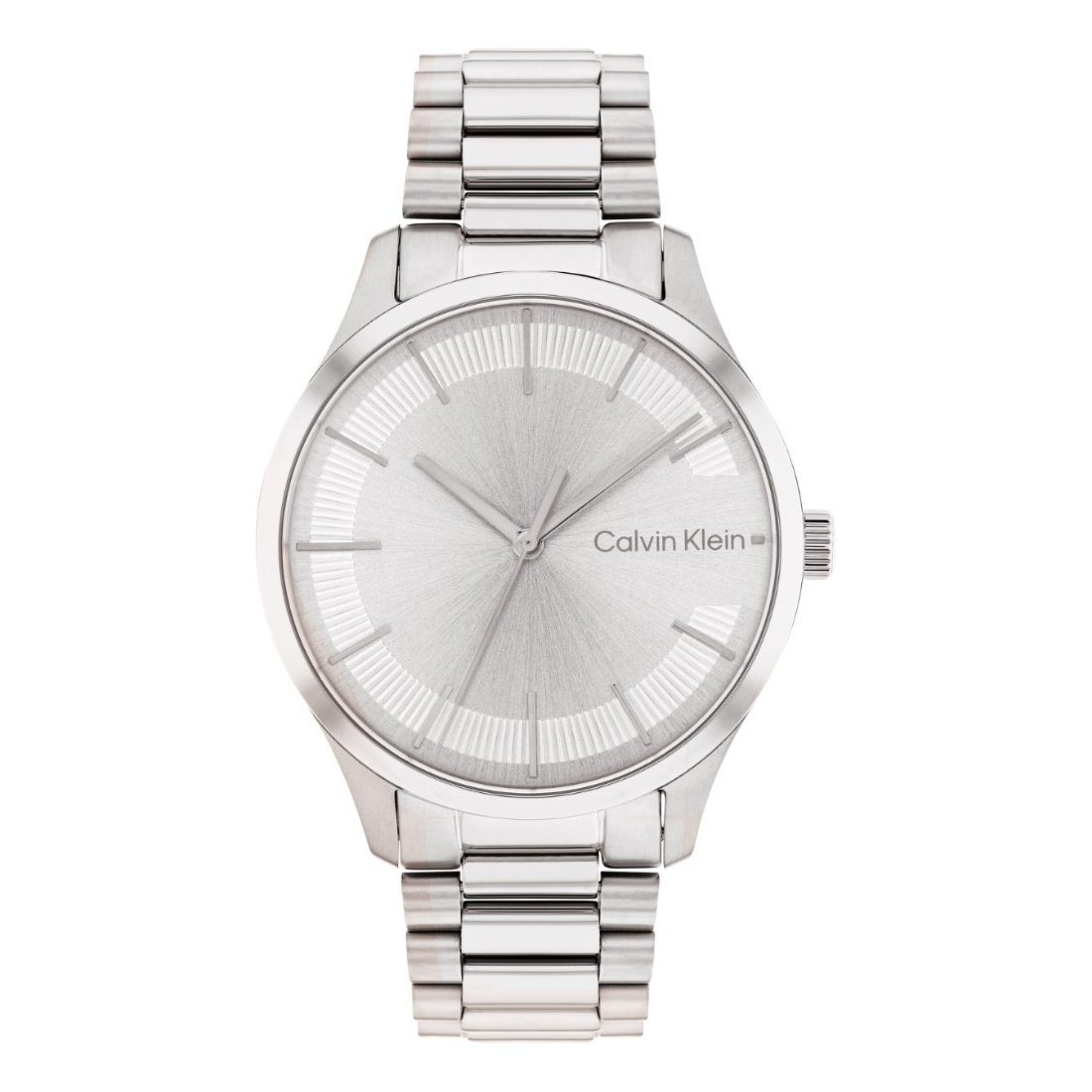Calvin Klein stainless steel watch with a silver dial and matching metal link bracelet, shown against a plain white background.