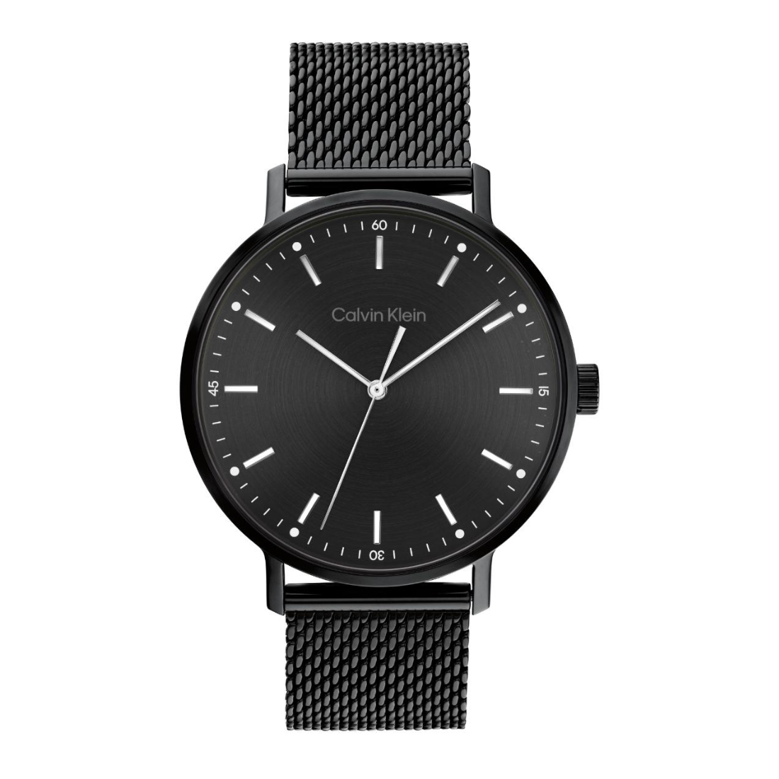 Calvin Klein analog watch with a black round case, black textured dial, and a black mesh metal strap, shown against a plain white background.