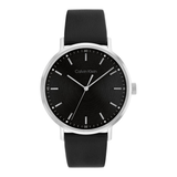 Calvin Klein analog watch with a black dial, silver-tone case, and black leather strap, shown against a plain white background.