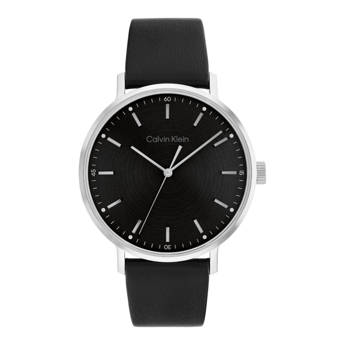 Calvin Klein analog watch with a black dial, silver-tone case, and black leather strap, shown against a plain white background.